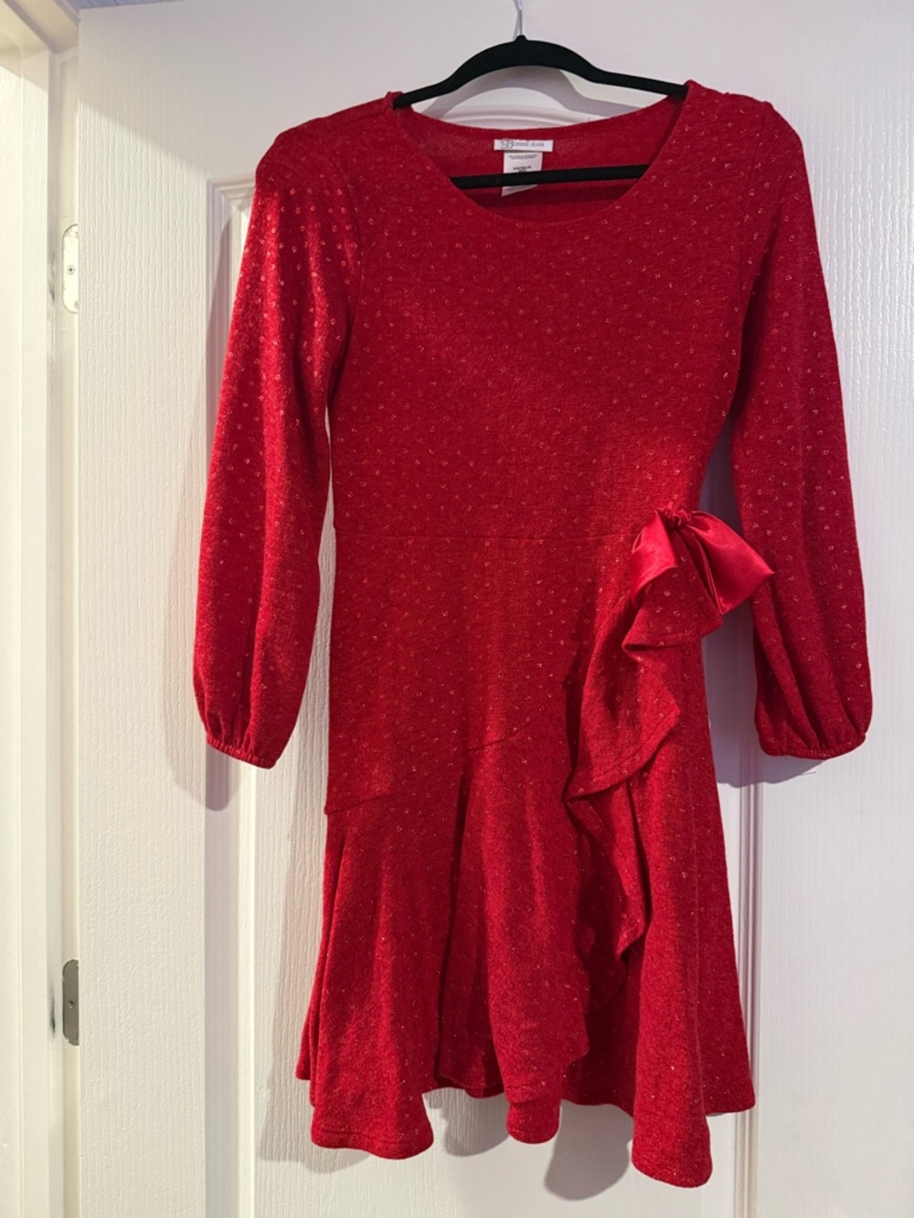 Bonnie Jean Girls Holiday Christmas Red Metallic Knit Ruffle Dress Size 16